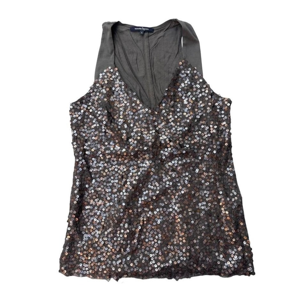 Y2K Nanette Lepore Forrest Green Raw Hem sequin tank top sz‎ 4 Grunge Emo Alt